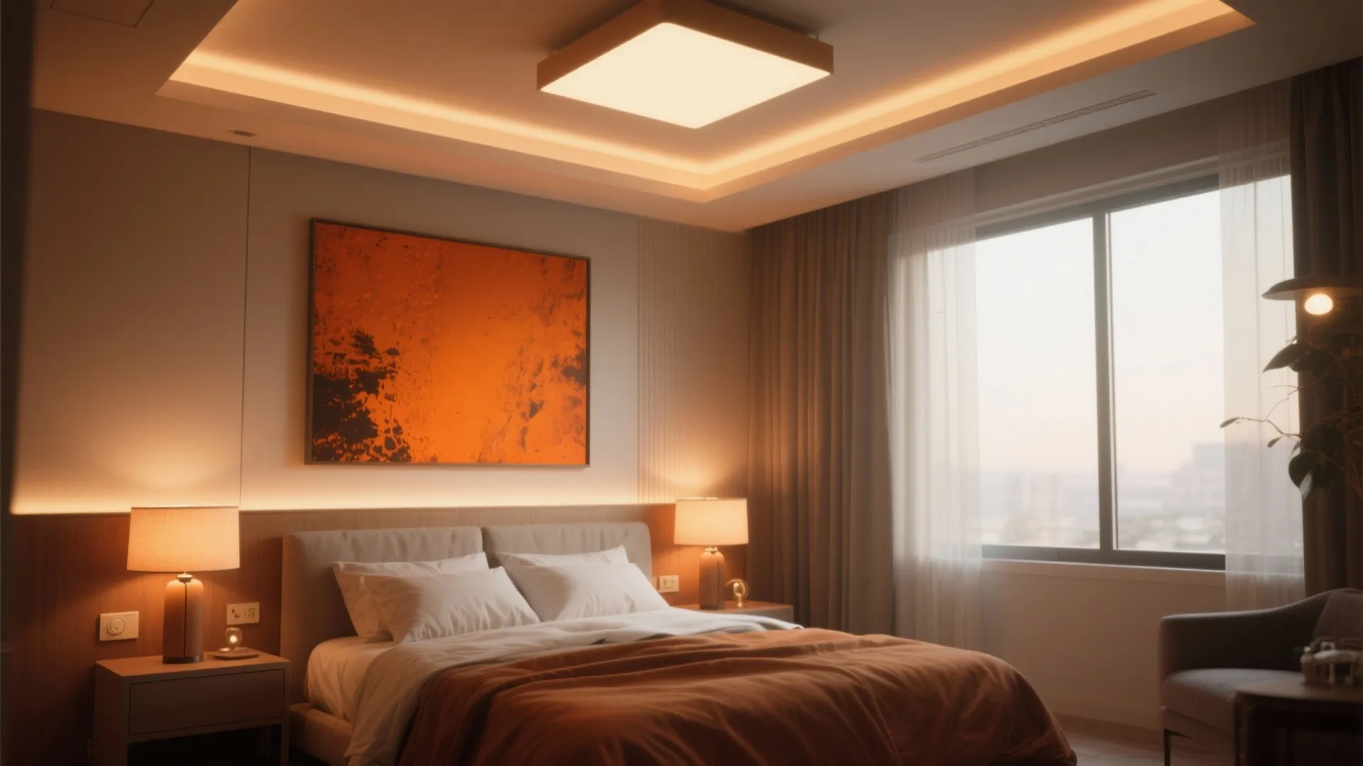 Warm bedroom with ceiling light and bedside lamps featuring orange wall art and large windows
