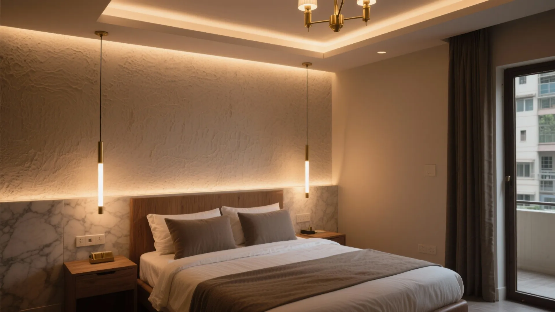 Delhi bedroom with slim pendants, wall washers, and warm layered lighting.