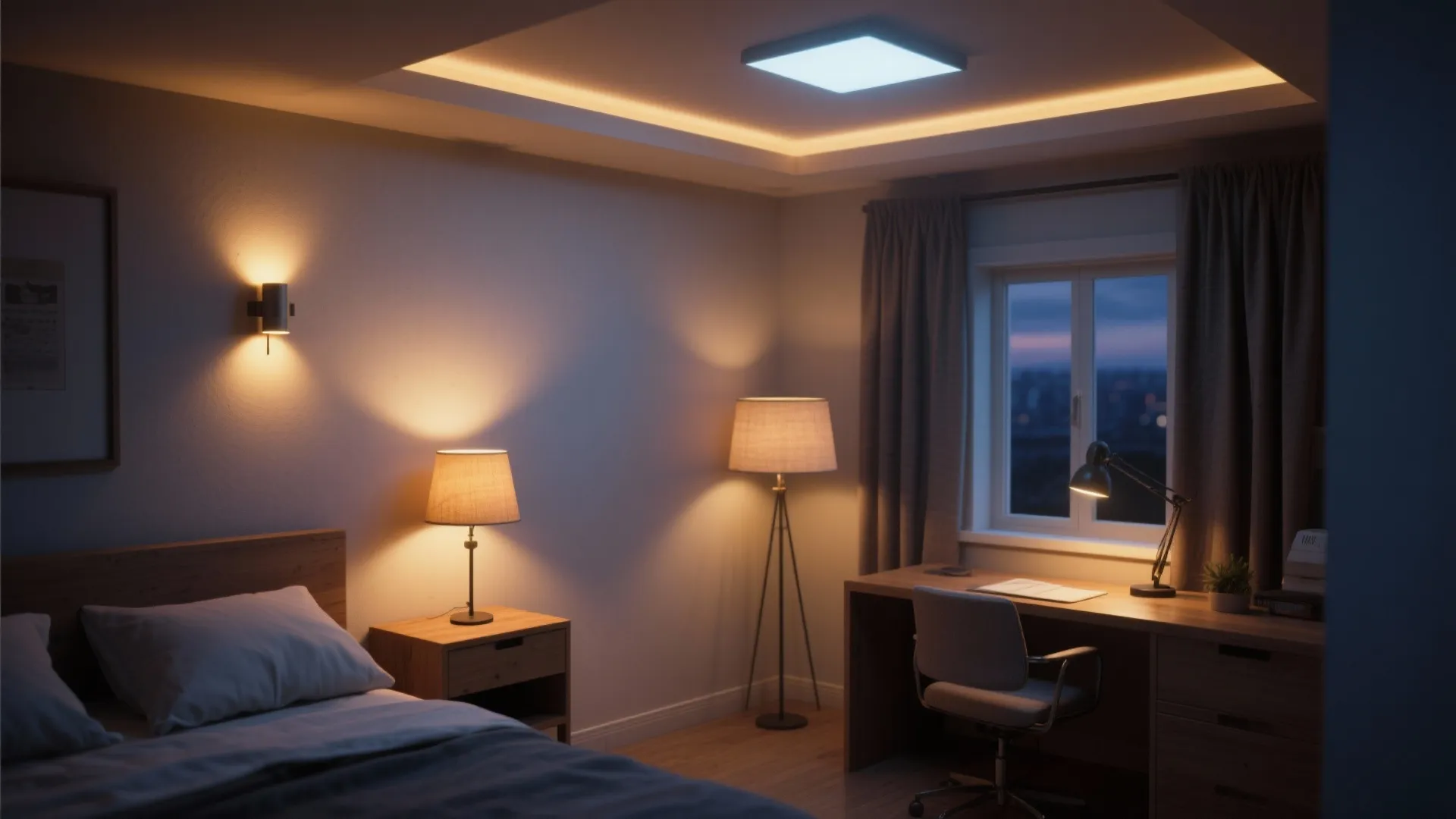 Modern bedroom showing layered lighting with wall light, bedside lamp, floor lamp, and desk light