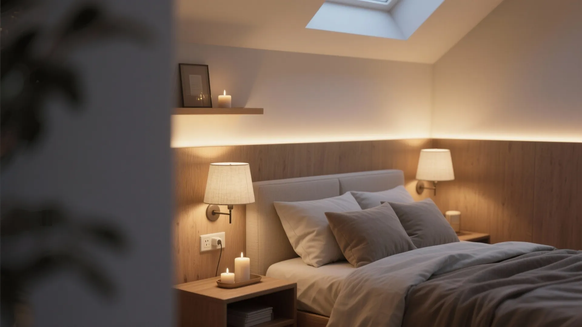Attic bedroom with roof window wall panel light strips two wall lights and candles on nightstand