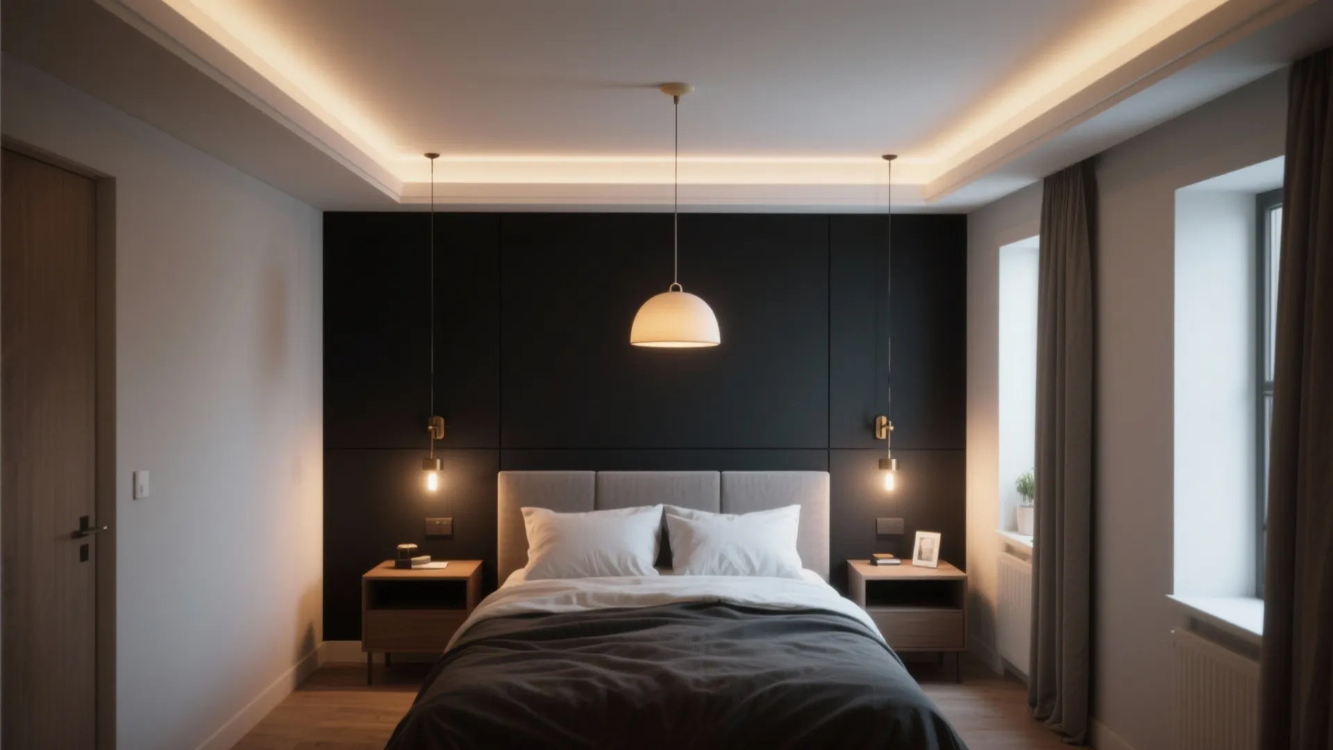 4. Match black wallpaper with layered lighting