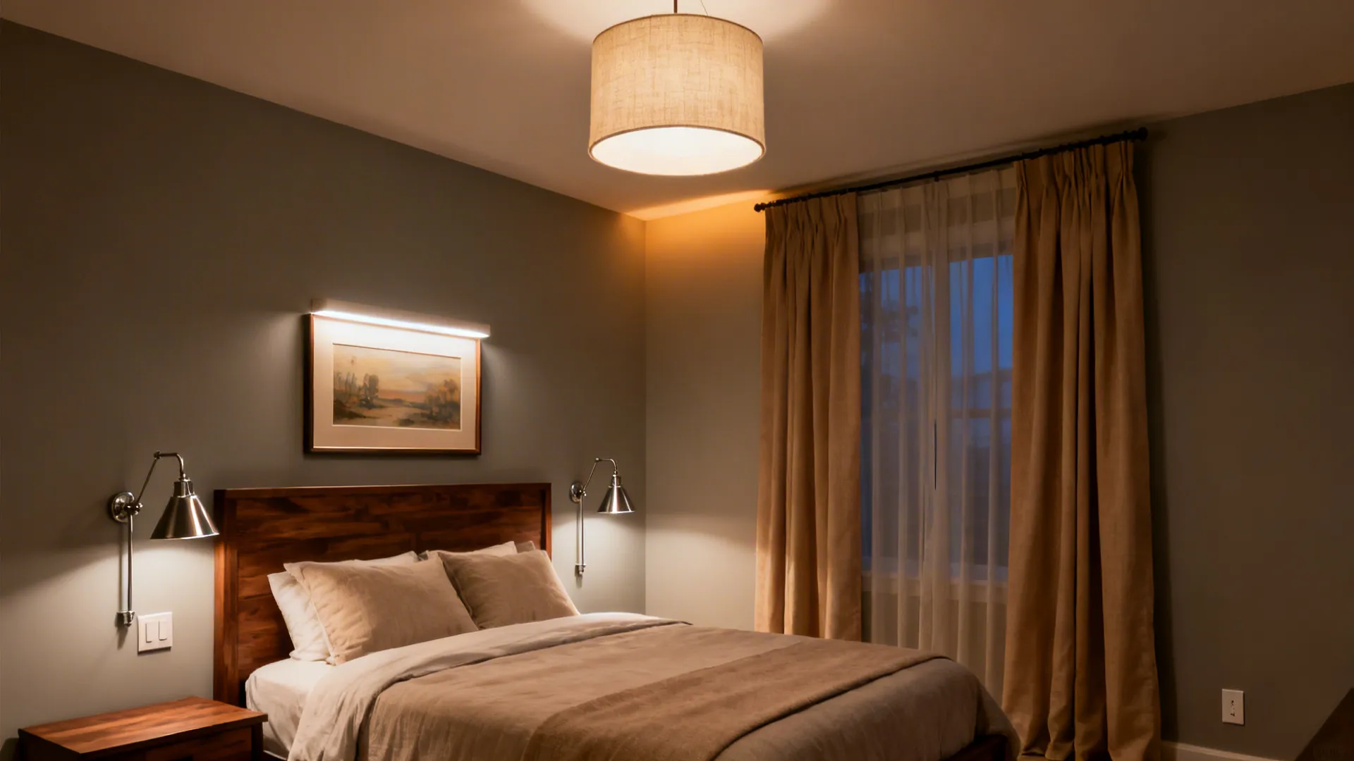 Guest bedroom with ambient ceiling light, swing-arm sconces, and a picture light creating layered illumination.