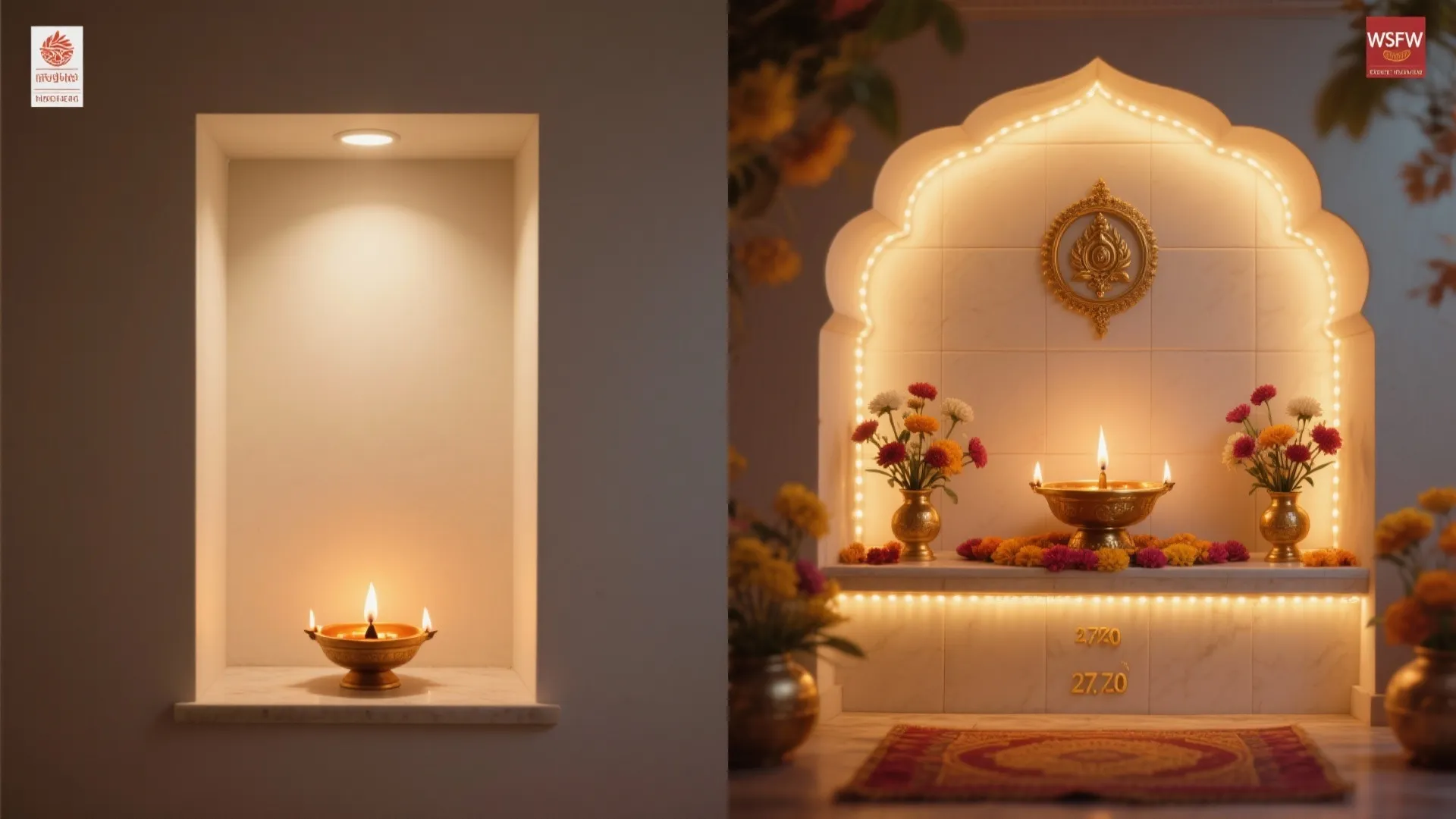 Before and after comparison of simple niche lighting versus decorative wall lights with floral decorations