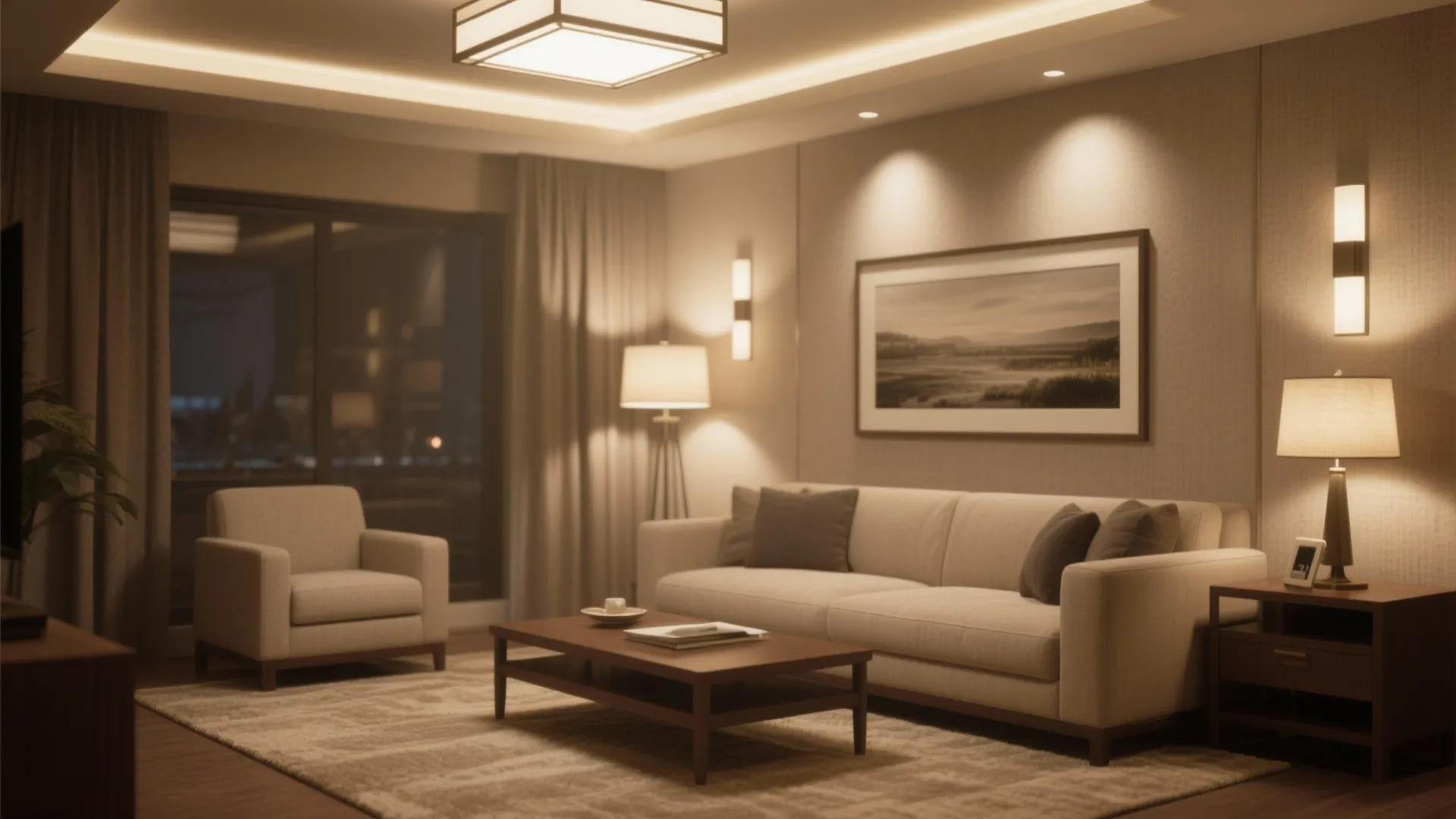 Cozy living room at night with ceiling light wall light floor lamp and warm indoor lighting