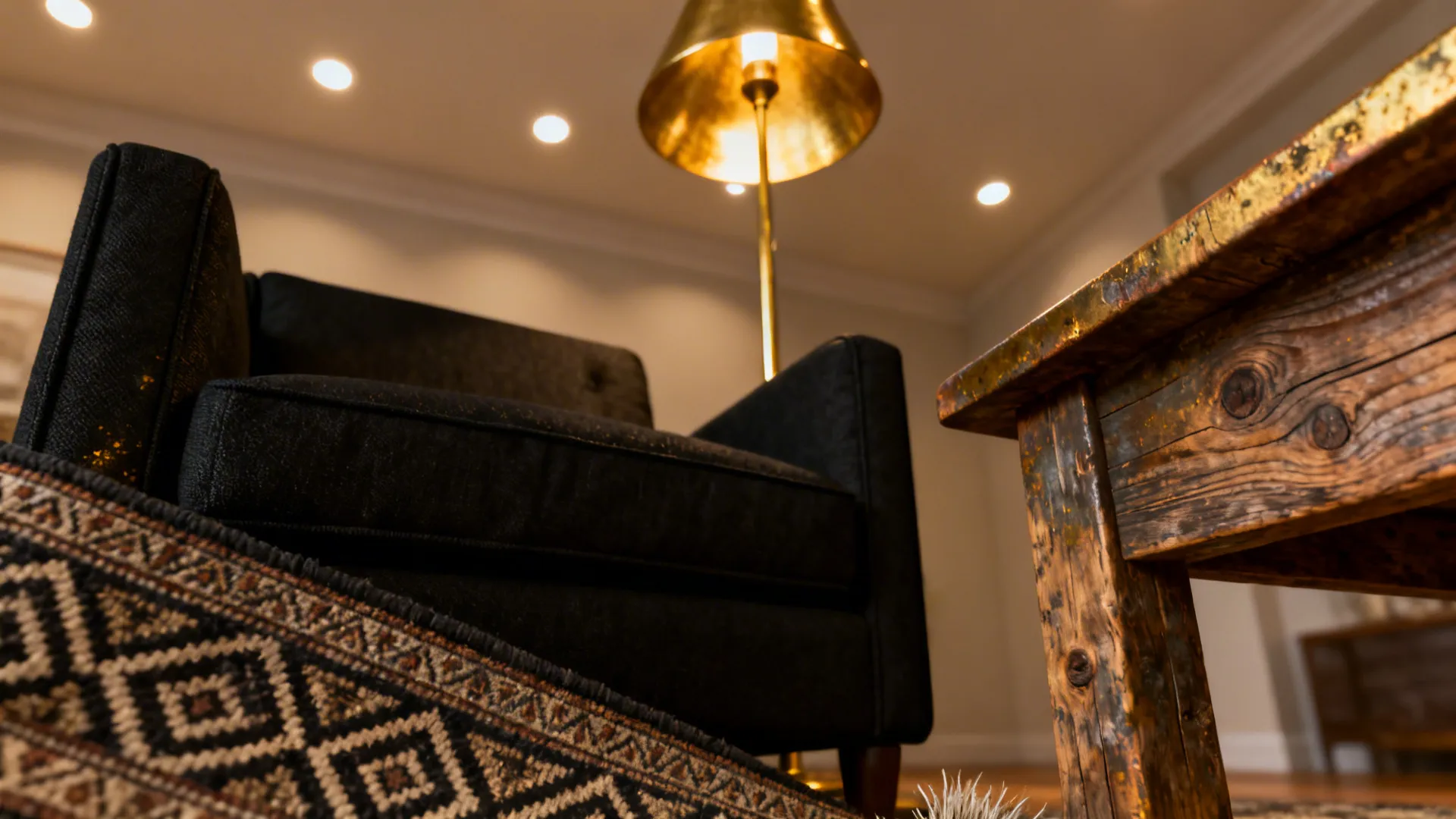 Layered lighting with brass lamp beside a black armchair creating a cozy glow