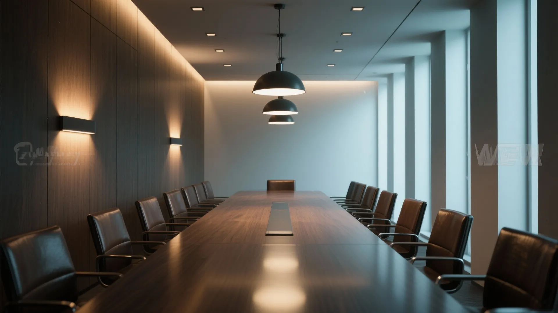 Boardroom showing ambient recessed lights, pendant task lights, and wall washers for flexible scenes.