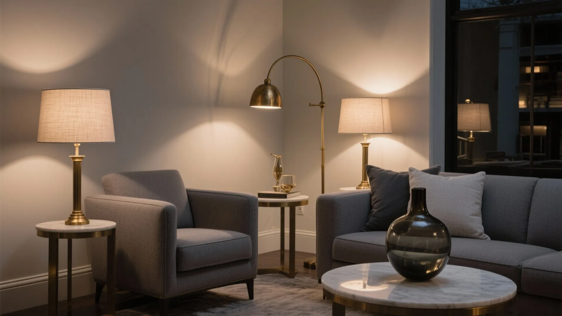 Light and Metal Accents: Brass, Smoked Glass, and Layered Lamps