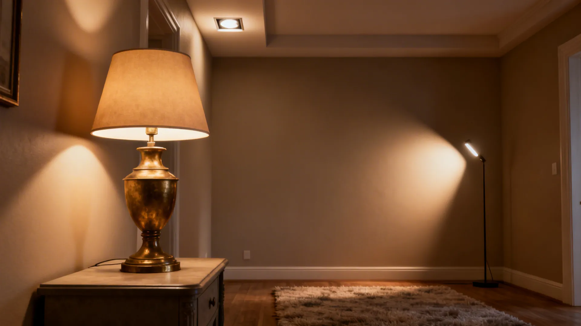 Layered lighting scene with an antique brass table lamp plus overhead and floor lights creating flexible ambience.