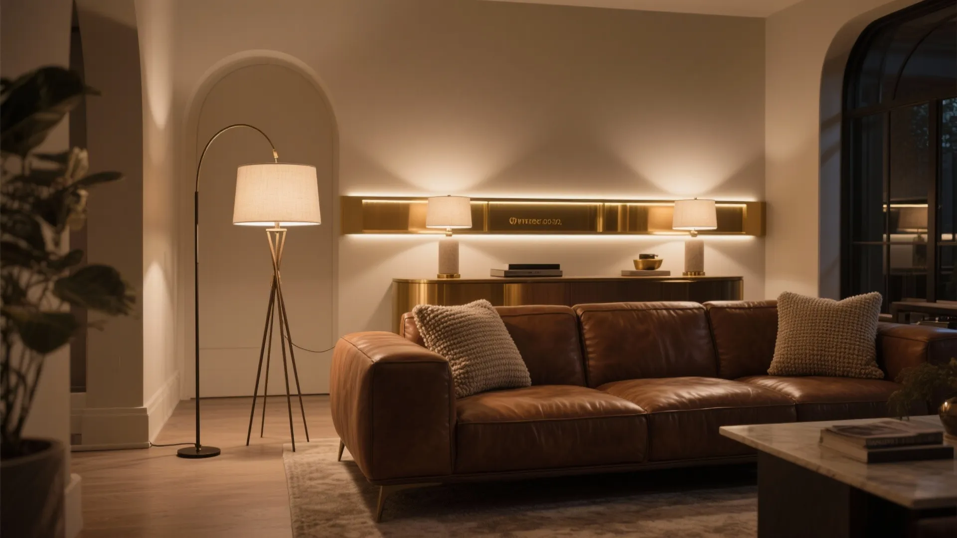 4) Layered lighting and warm metallic accents