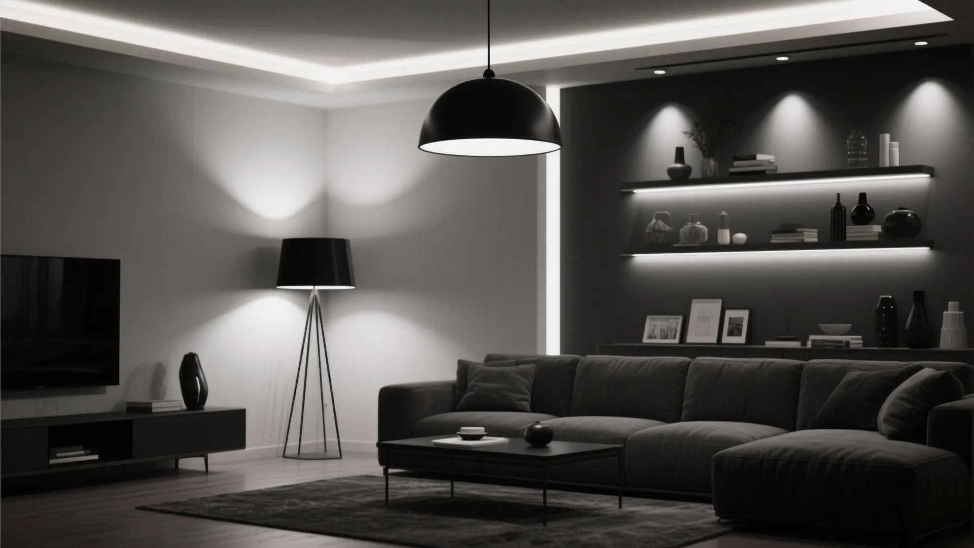 9. Layered Lighting in Black Fixtures