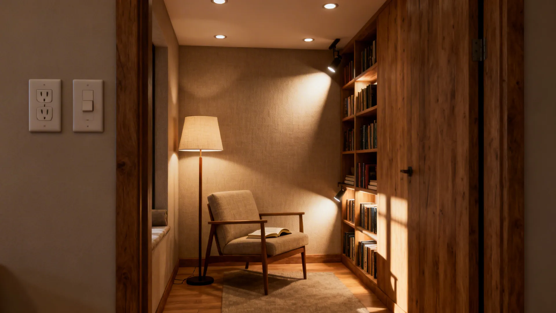 Cozy small living area showing ambient ceiling light, a reading floor lamp, and accent spotlights on shelves.