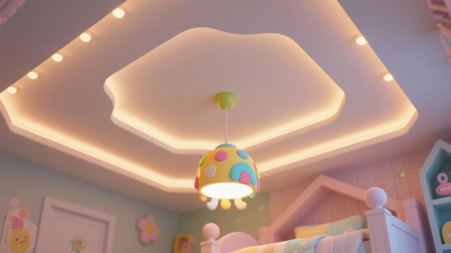 Colorful mushroom hanging ceiling light in a kids bedroom with soft yellow hidden light strips