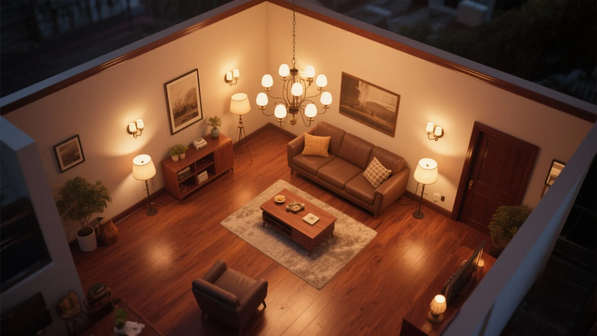 Interior design drawing of living room with brown sofa wooden floor rug and ceiling lights