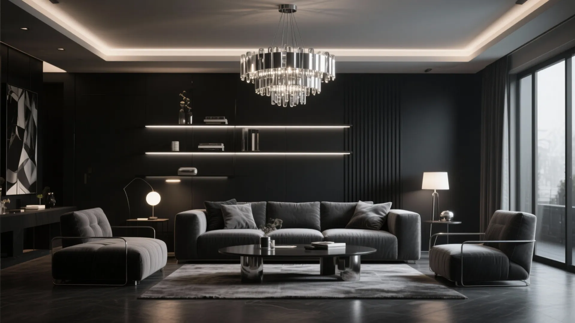 Luxury living room with dark walls, grey sofa, coffee table, and a large ceiling light