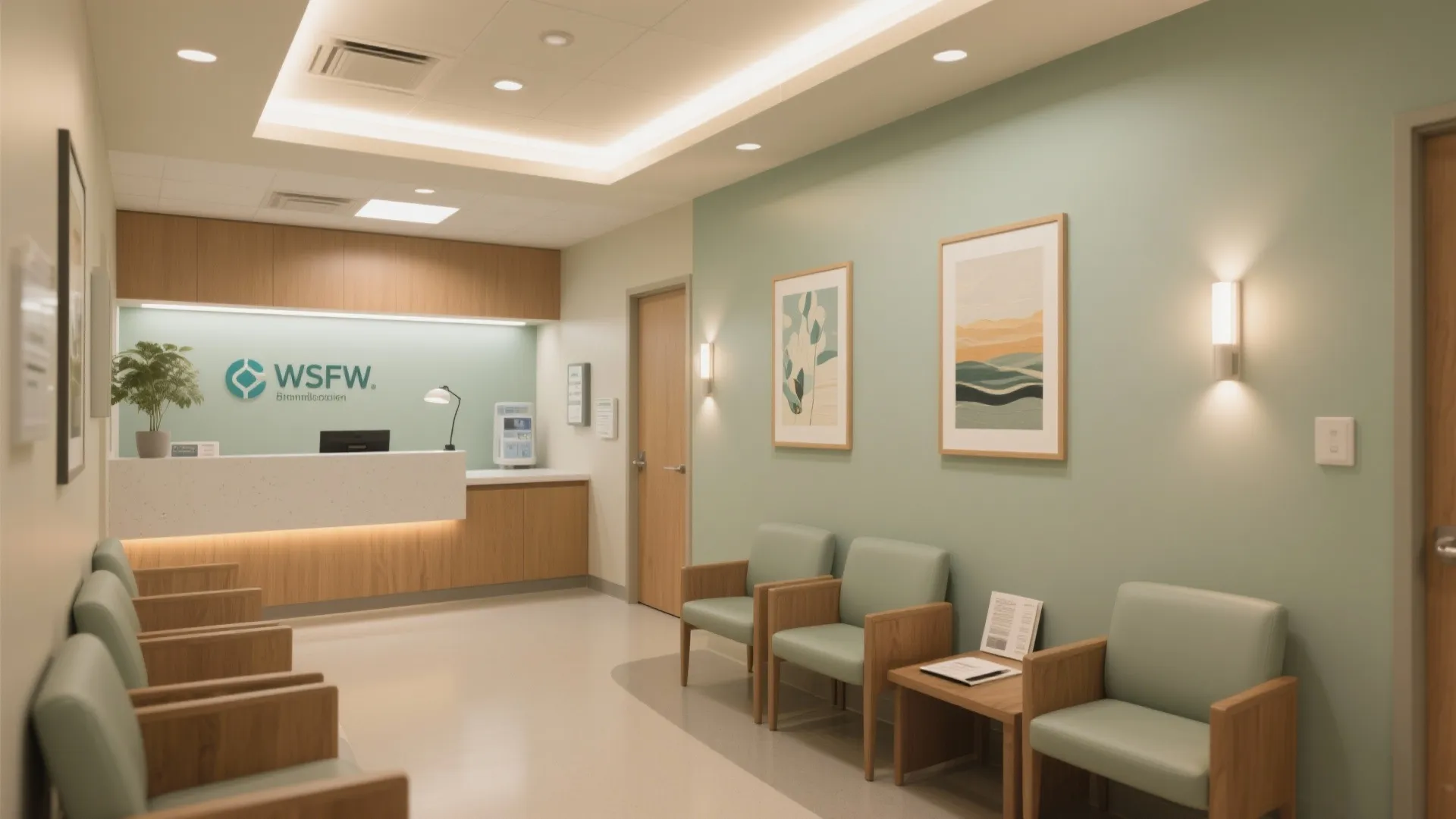 Modern clinic reception area with green walls wooden desk green chairs and bright warm interior lighting