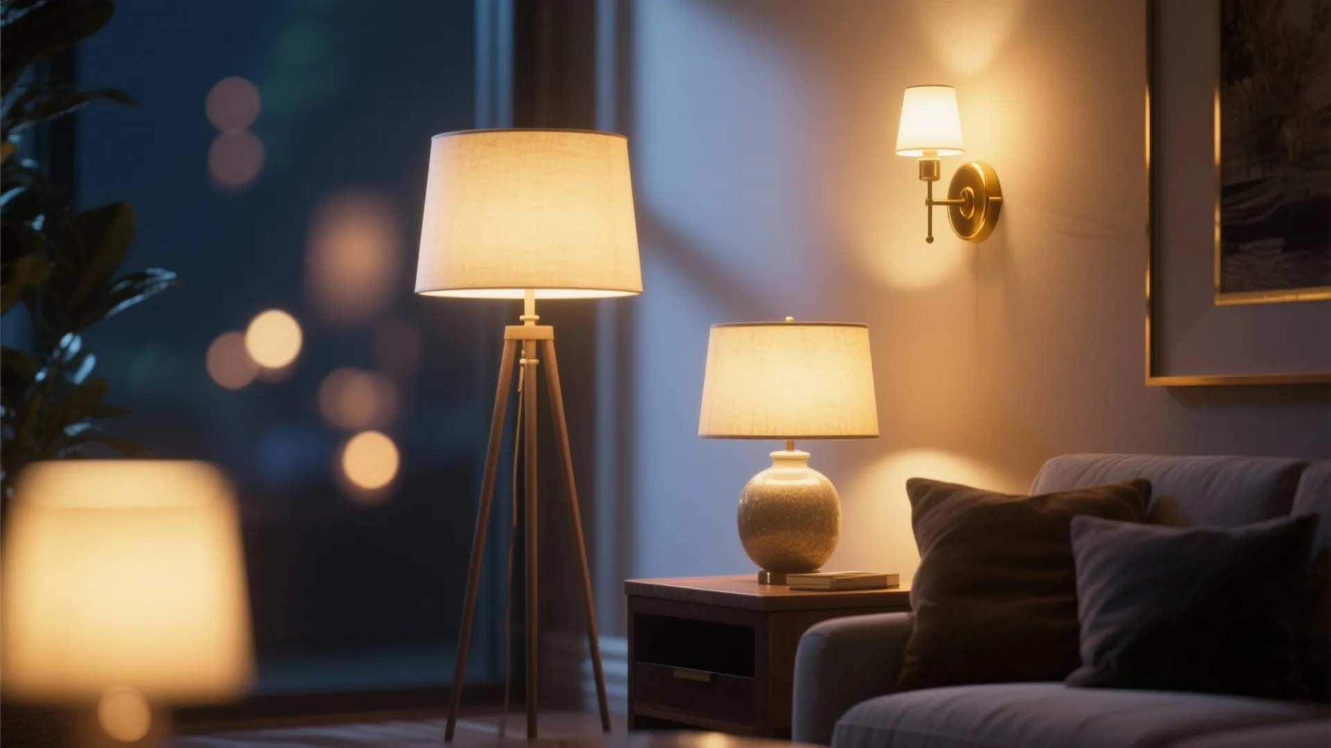 Living room at night with floor lamp table lamp wall light and sofa with pillows