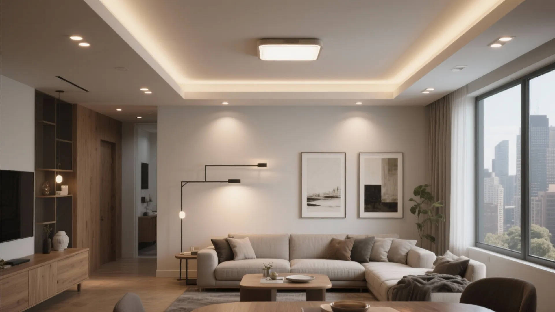 Layered lighting: recessed + flush + accents