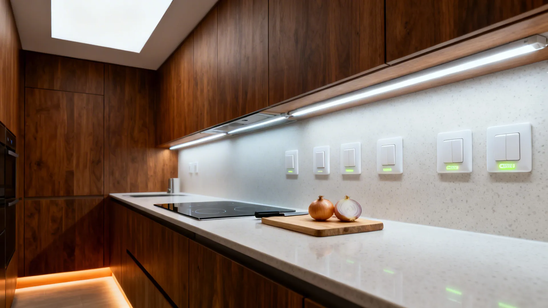 Kitchen with under-cabinet LEDs, diffused ceiling panel, toe-kick light, and large rocker switches in high-contrast finishes.