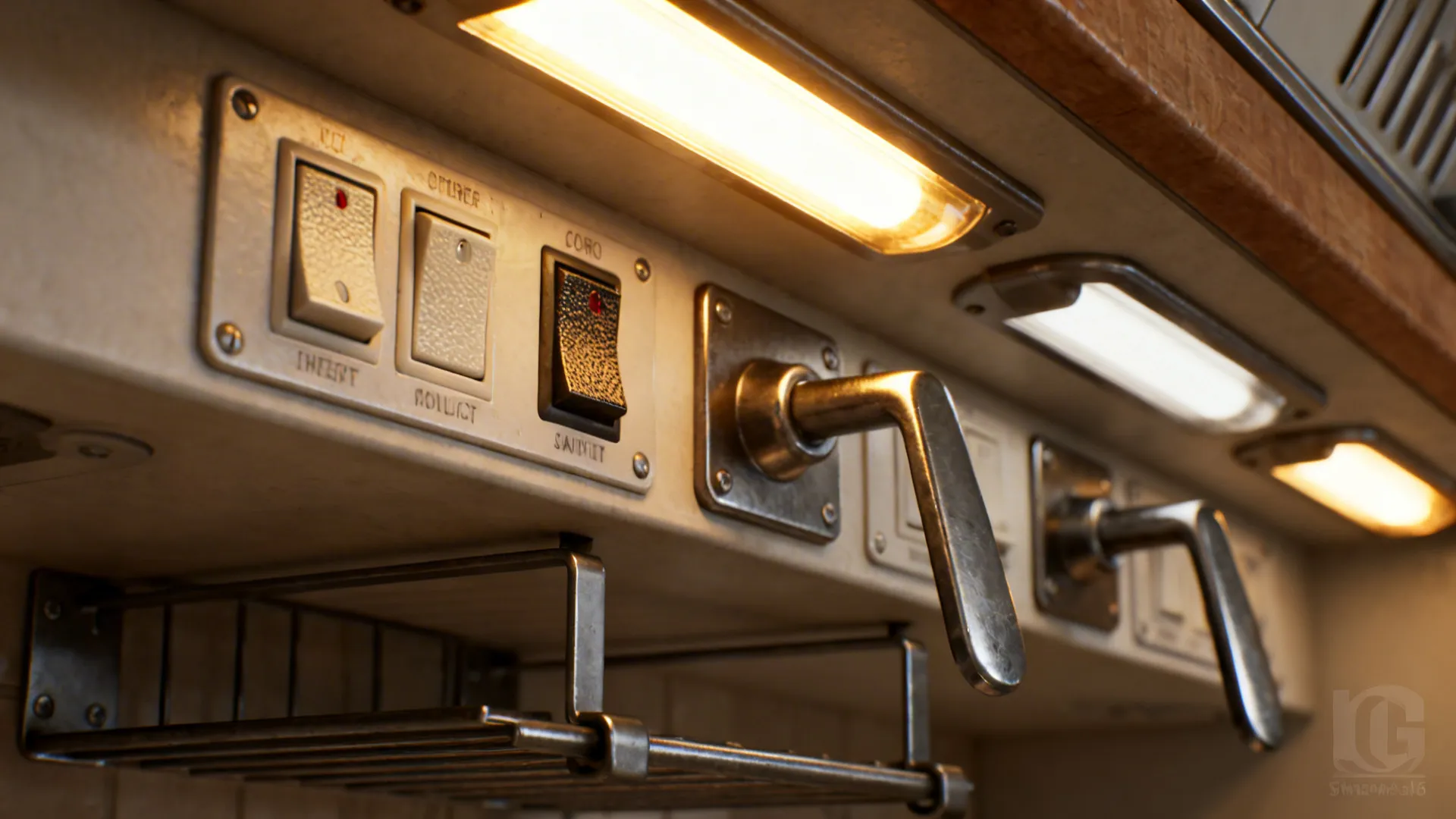Close-up of layered lighting and accessible rocker switches and pull-out shelf hardware in a kitchen.