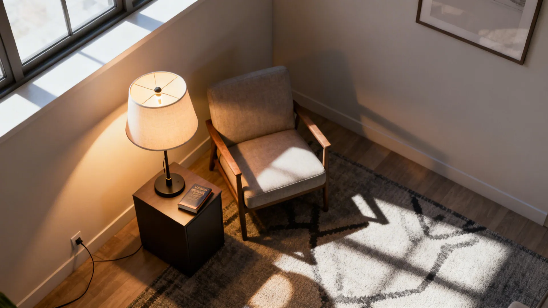 Top-down view of a small corner illuminated by a 3-way lamp showing low, medium, and high light zones