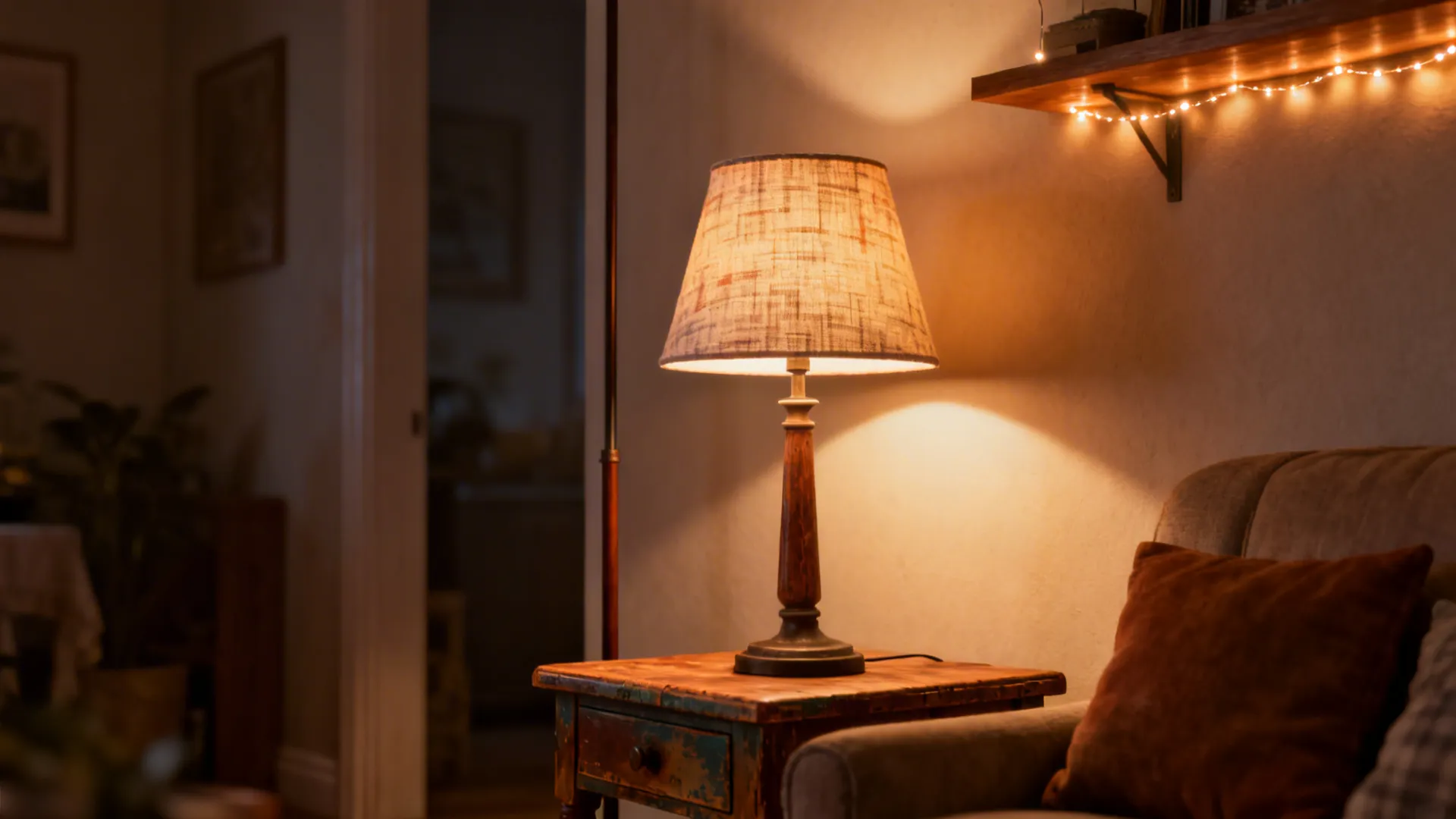 Cozy corner illuminated by layered warm lighting: floor lamp, table lamp and LED string.