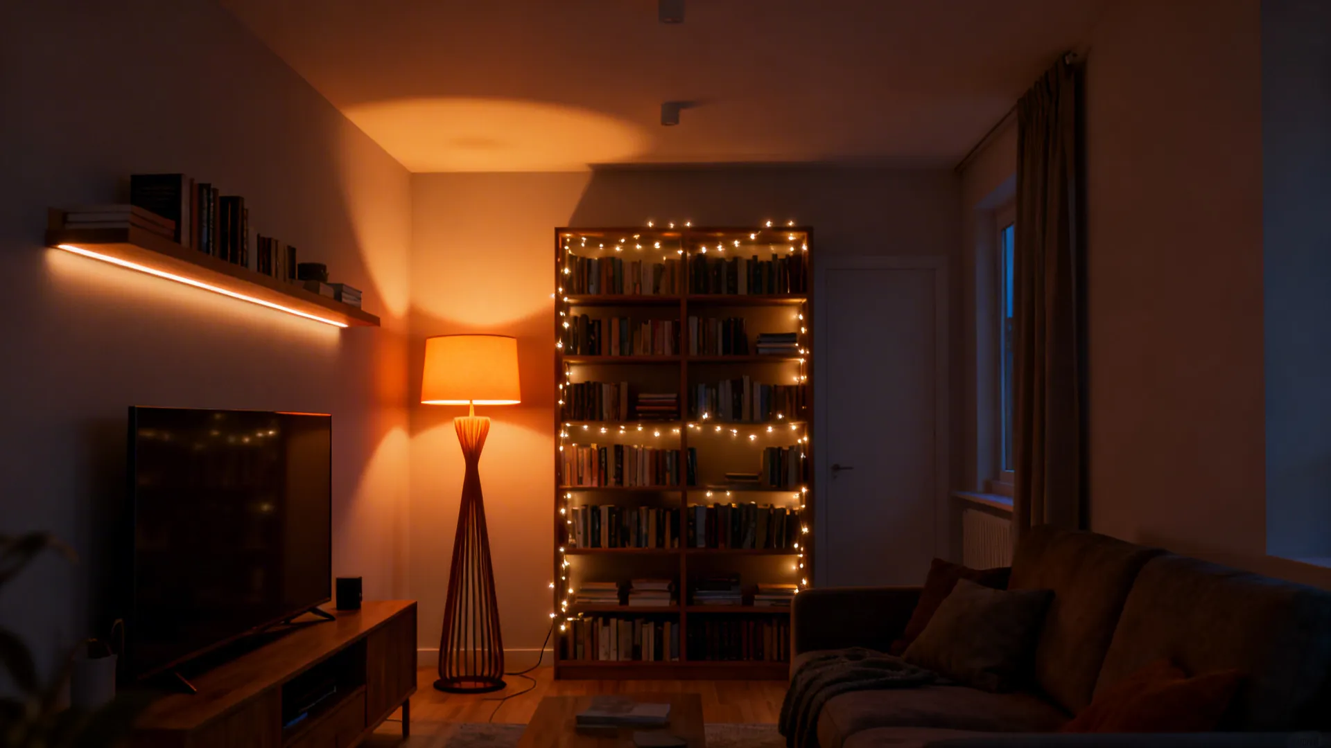 Small living room with layered lighting: overhead, floor lamp and shelf backlighting creating a cozy ambiance.