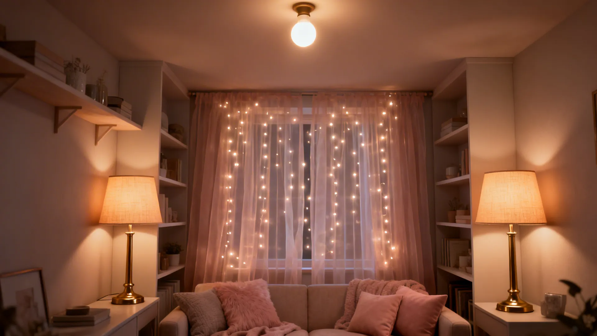 Layered warm lighting with lamps and micro LEDs behind sheer curtains in a small living room.