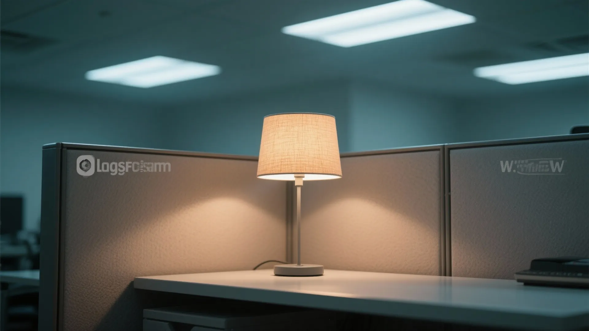 Small desk lamp with beige shade sits on a white table inside a modern office
