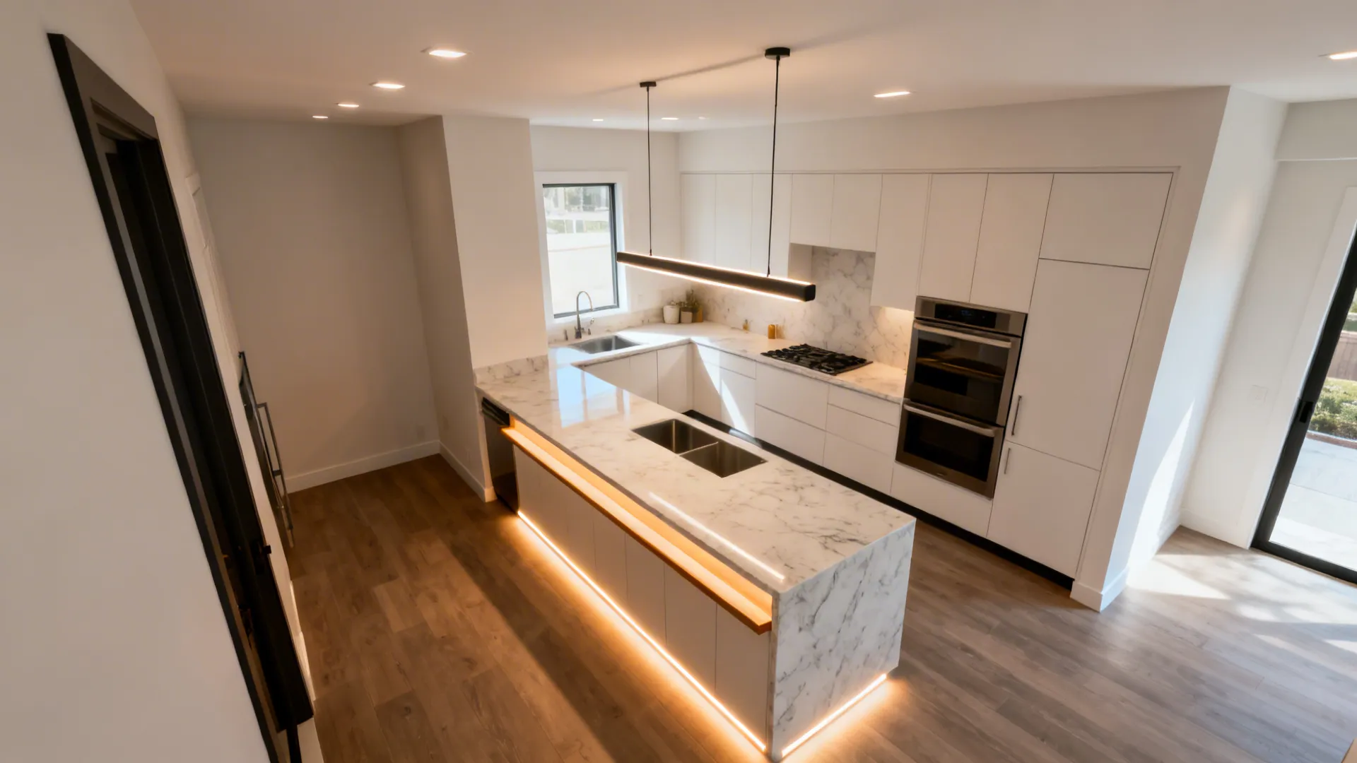 Small Dallas kitchen showing ambient cans, a pendant, and warm under-cabinet lighting.