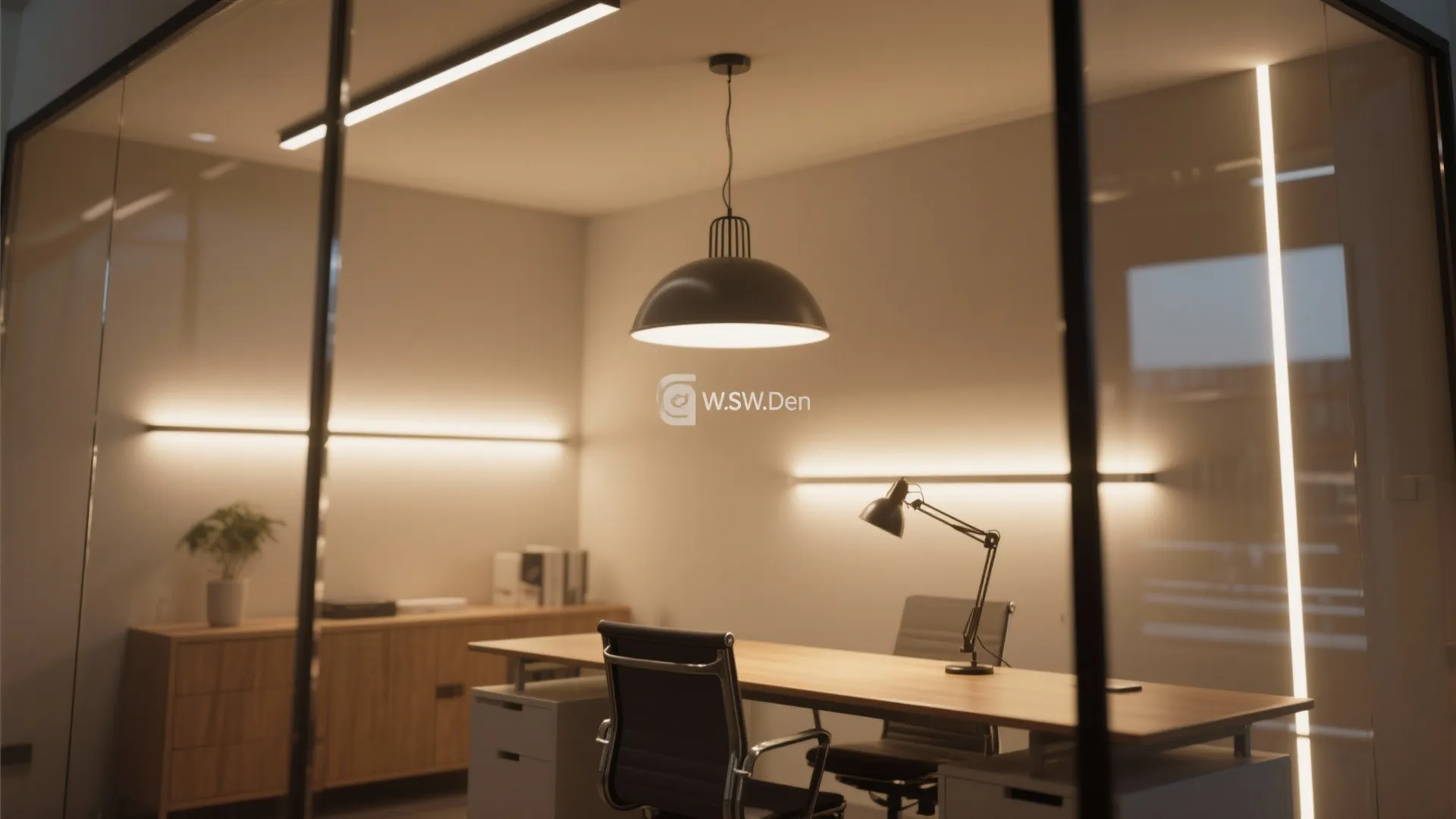 Modern home office with wood desk black chairs ceiling light and warm wall light strips