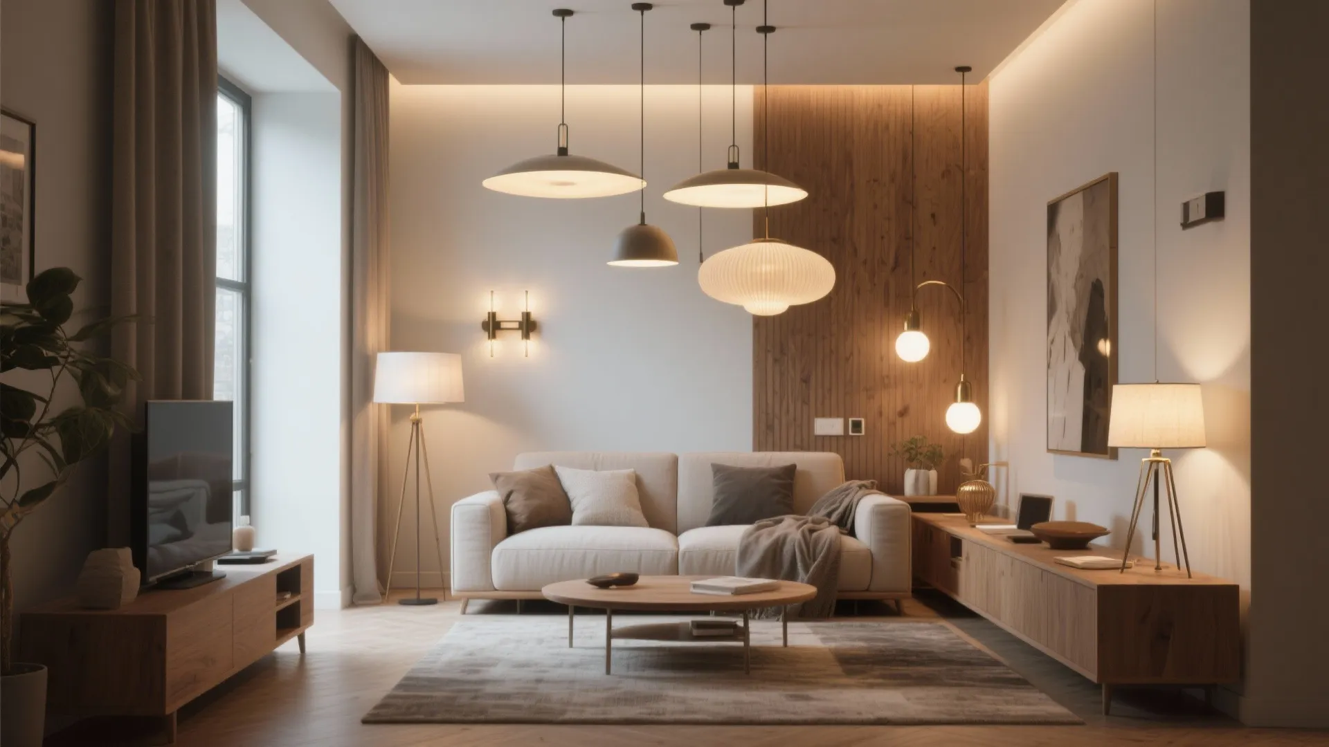 Modern living room with beige sofa wood wall panel floor lamp and several warm ceiling lights