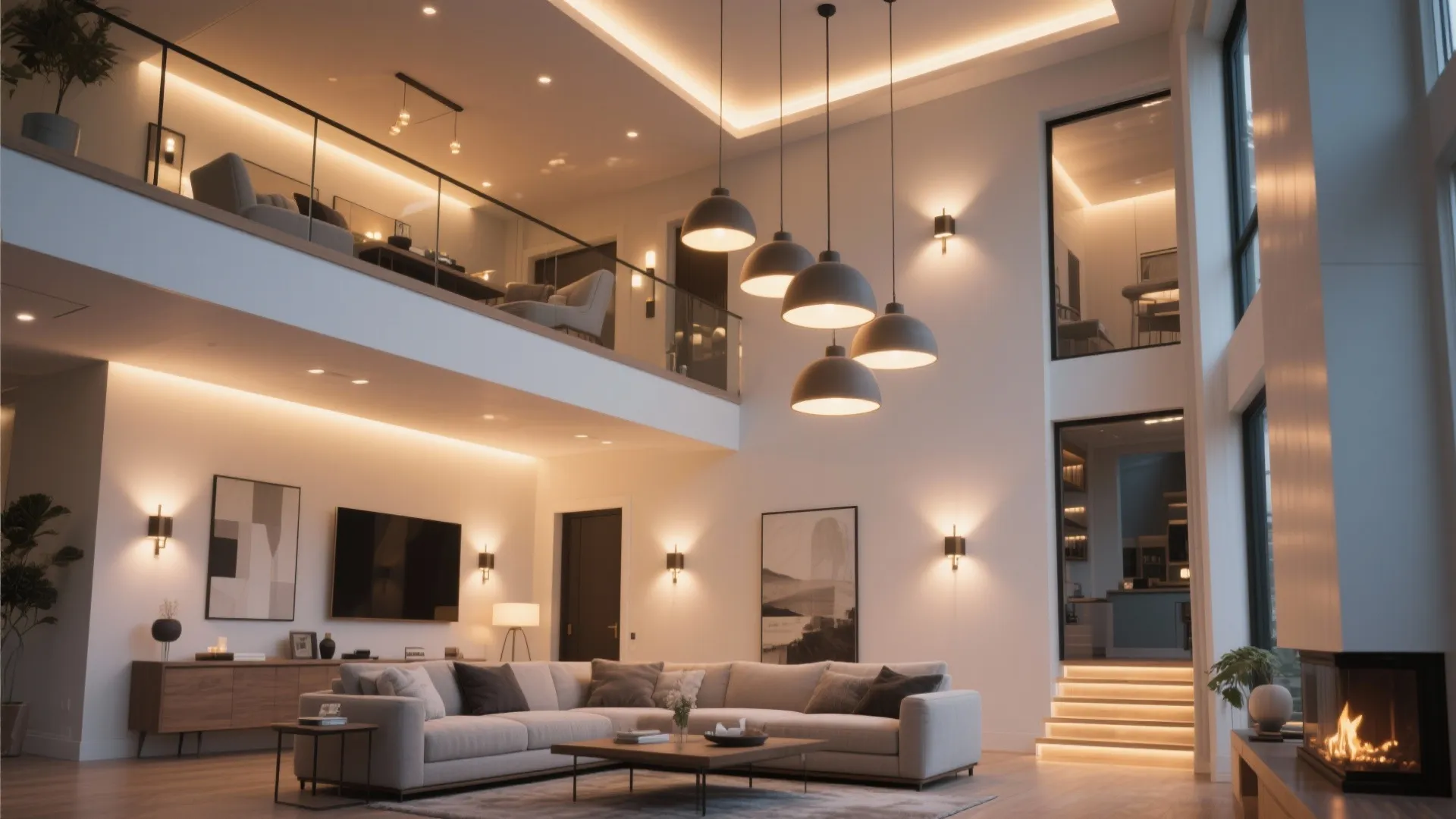 Spacious living area with black ceiling lights wall lights fireplace and large grey corner sofa