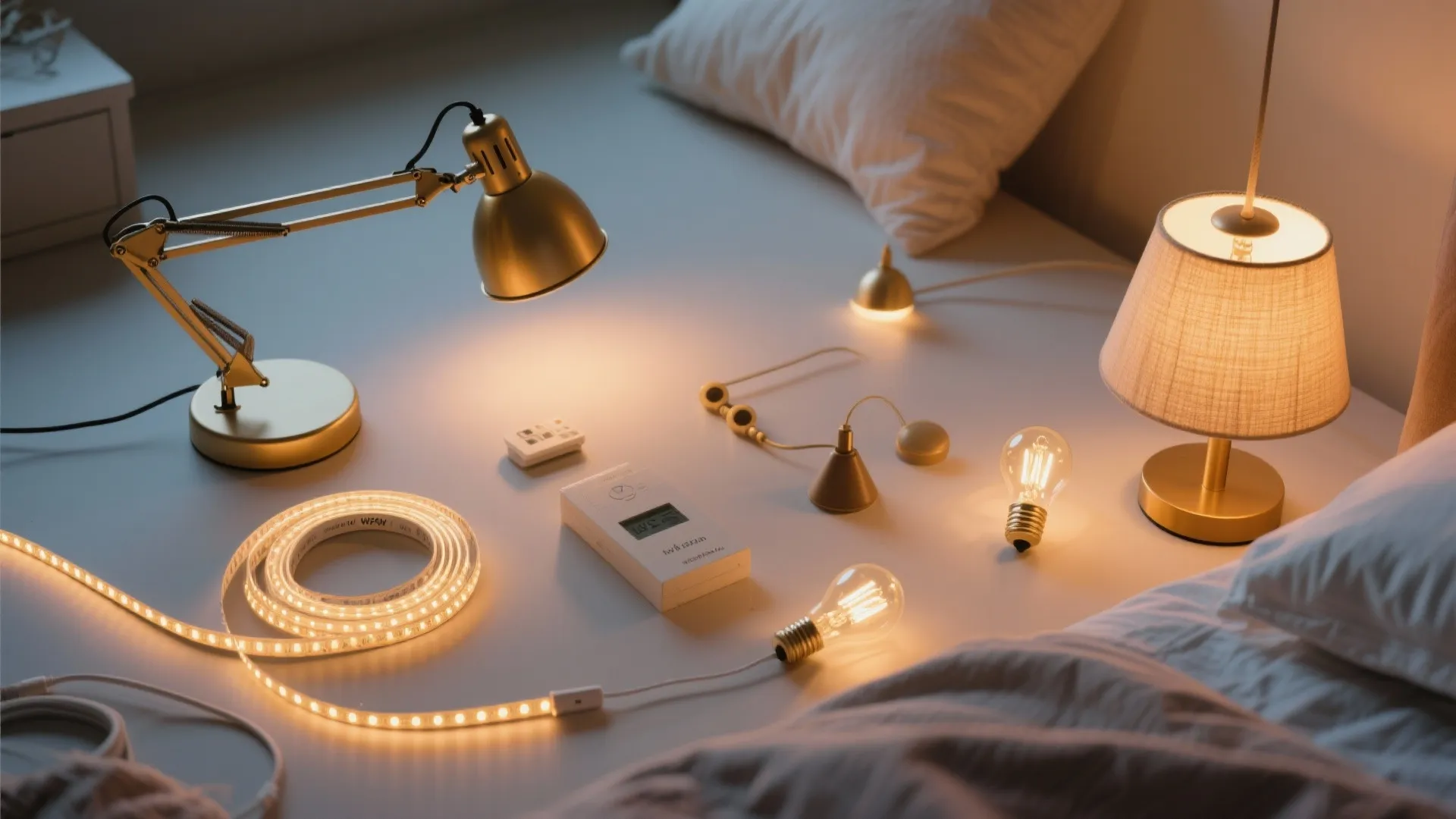 Collection of warm light fixtures including desk lamp table lamp light bulbs and flexible strip