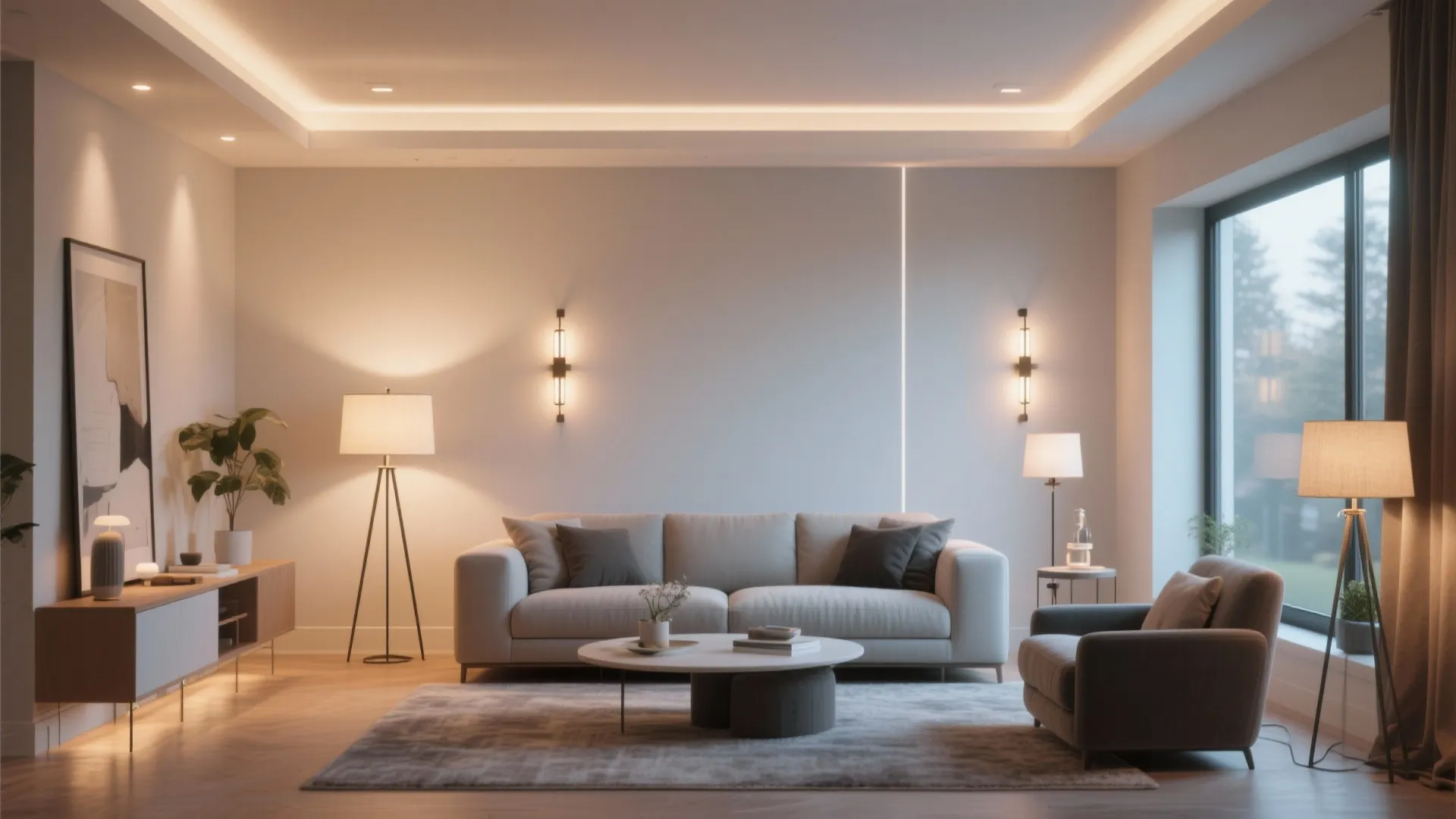 Cozy living room with multiple floor lamps wall lights and recessed ceiling lights for atmosphere