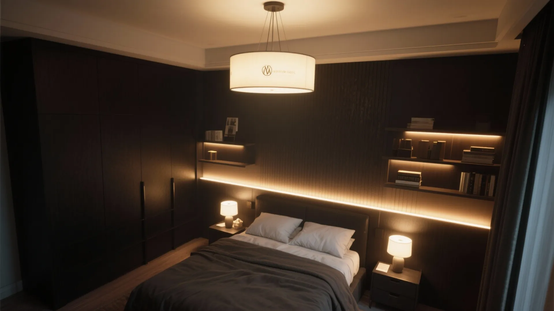 Dark modern bedroom with large ceiling light warm strip lighting table lamps and black furniture
