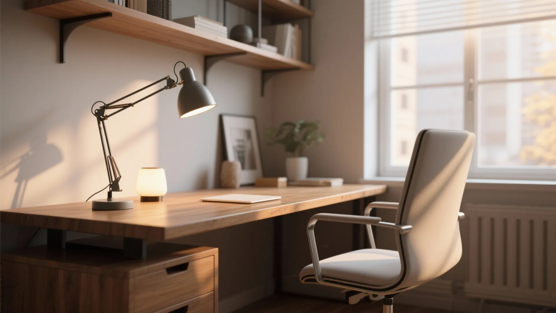 Modern wood desk with grey desk lamp and white office chair near a bright sunny window
