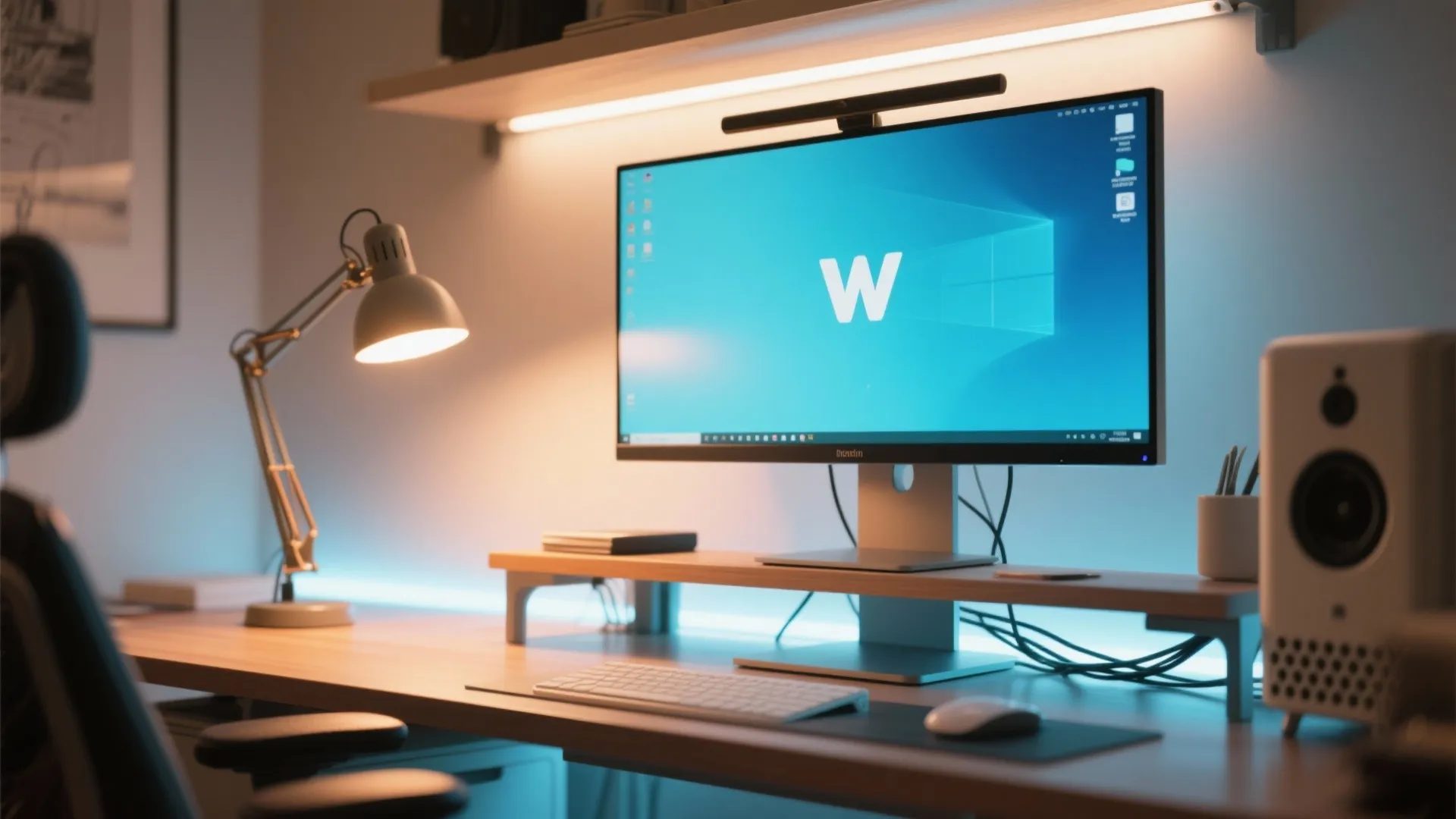 Modern workspace with computer monitor desk lamp light strip speaker and keyboard on wooden desk