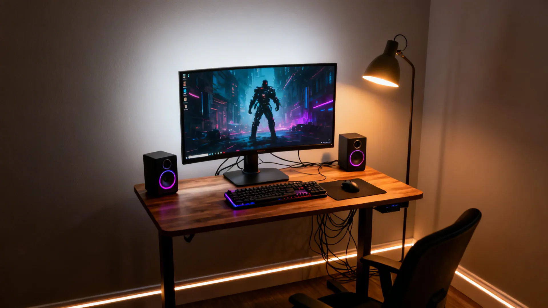 Small desk with bias backlight, warm task lamp, and subtle floor LED strip in a single accent color.