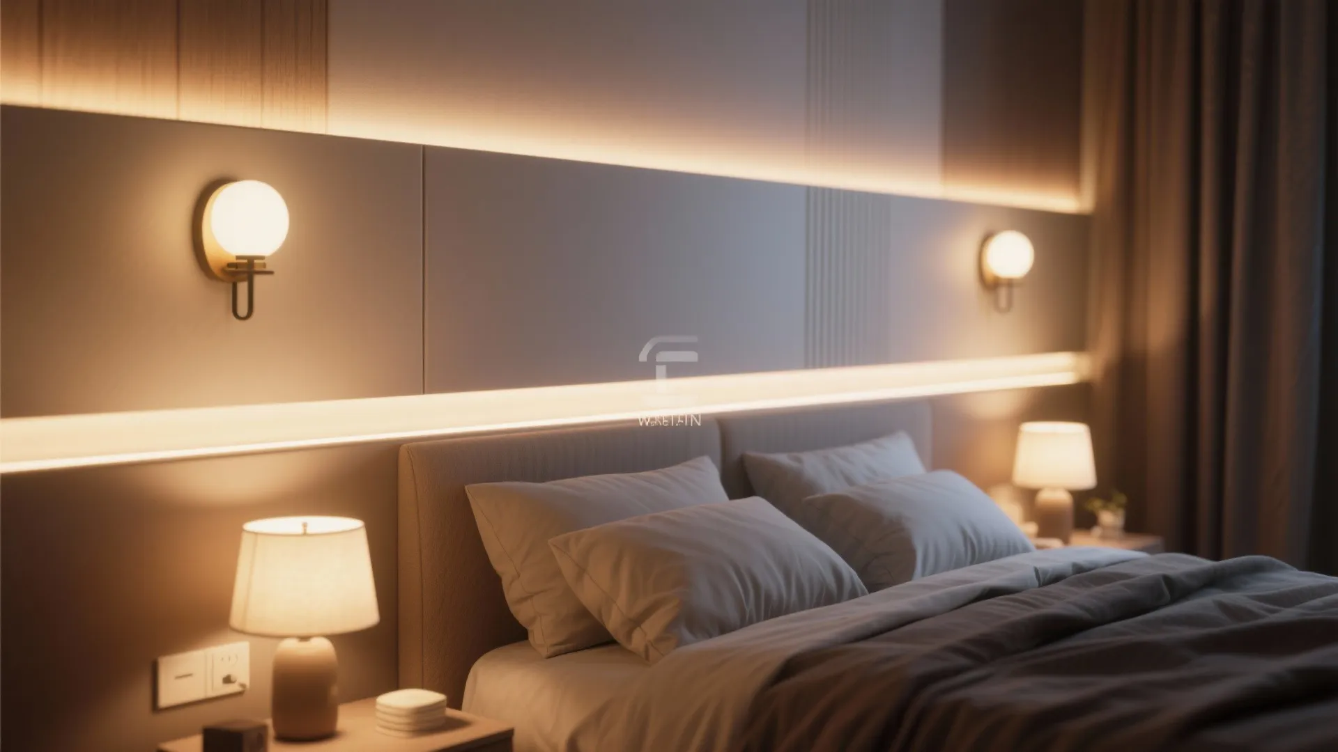 Detail of layered lighting in a cozy bedroom