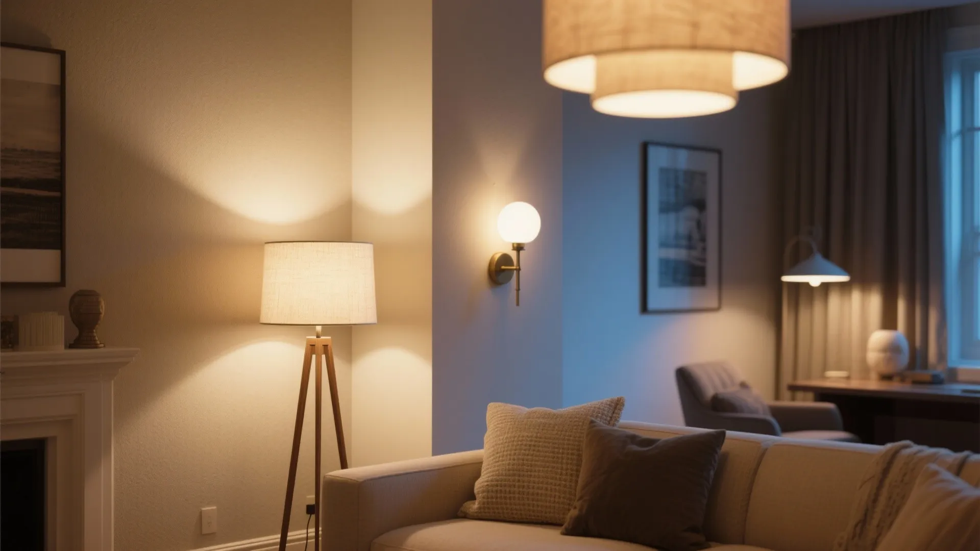 Cozy living room corner with a floor lamp wall light and a warm ceiling light