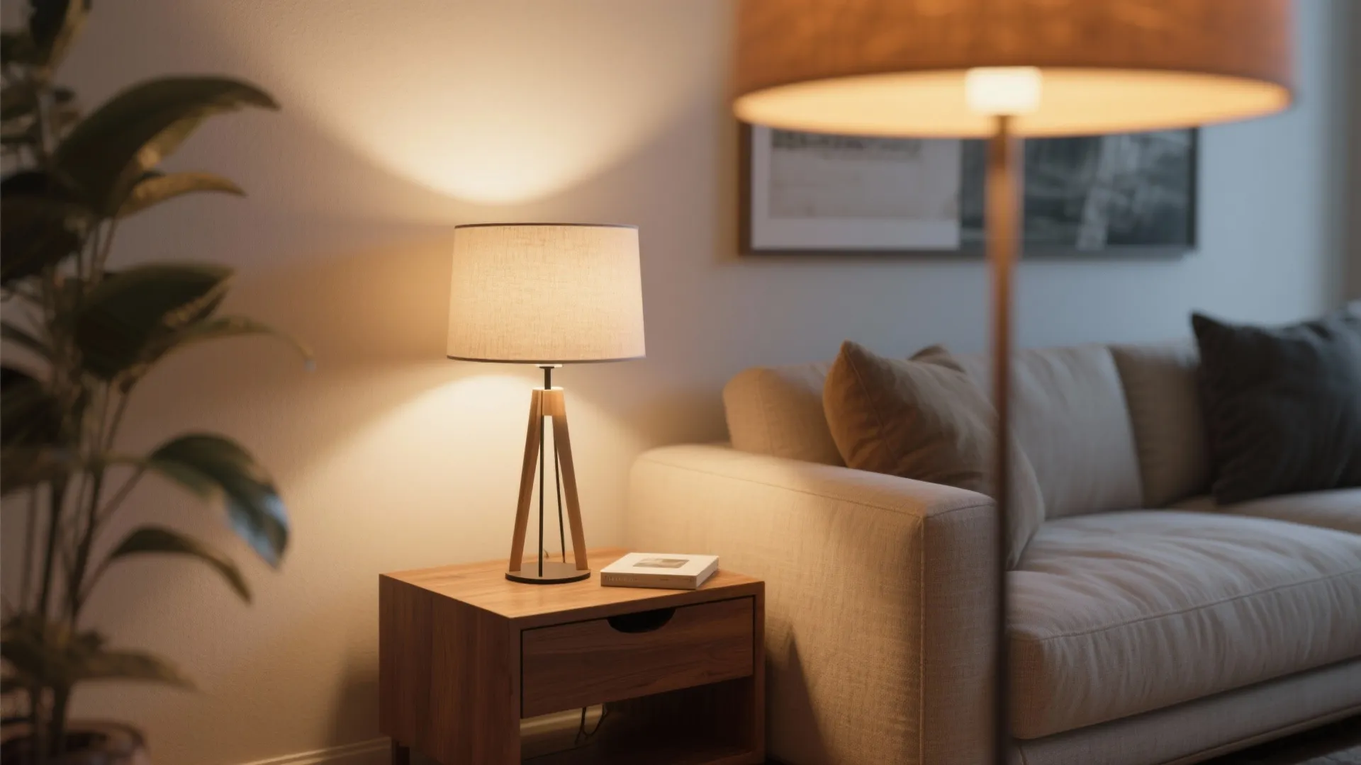 Warm table lamp on wooden side table next to white sofa with pillows and plant