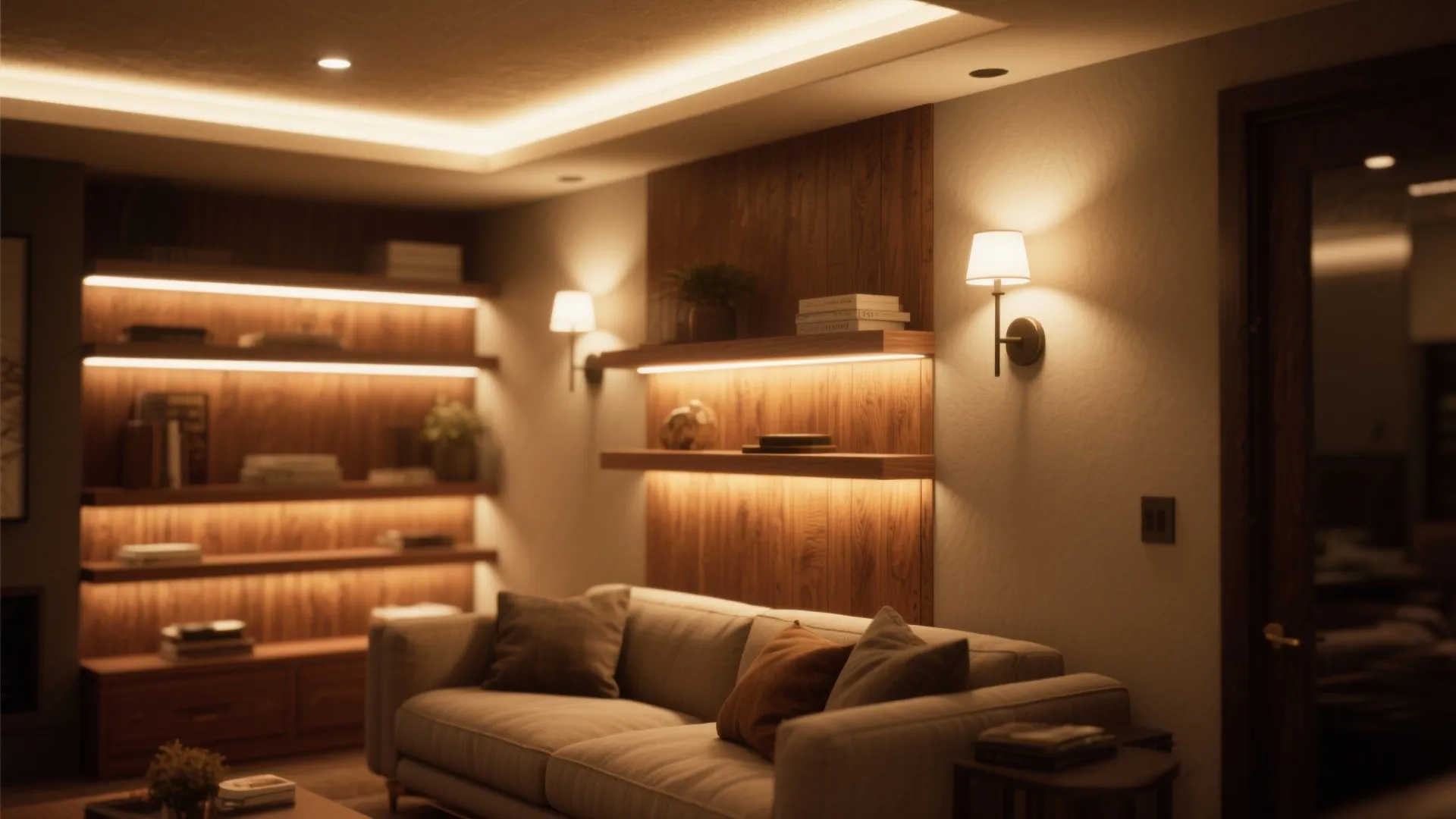 Warm layered lighting setup in downstairs living room shelves
