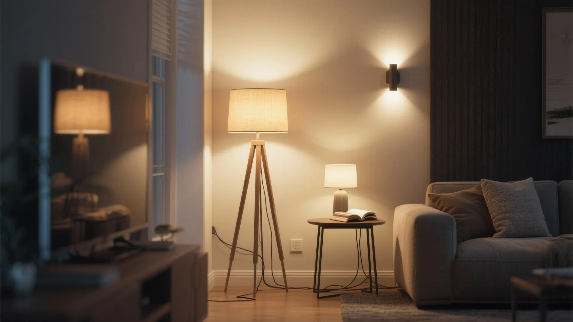 Cozy living room corner with floor lamp table light wall light sofa and a television set