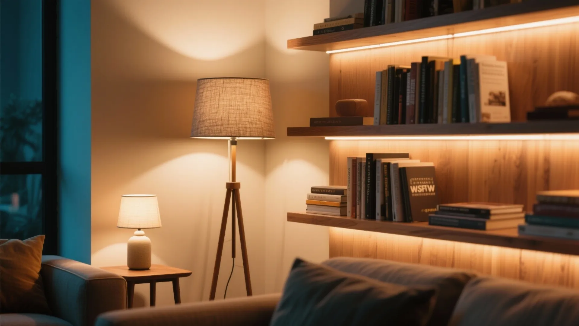 Cozy living room corner with floor light table light and glowing shelf light over books