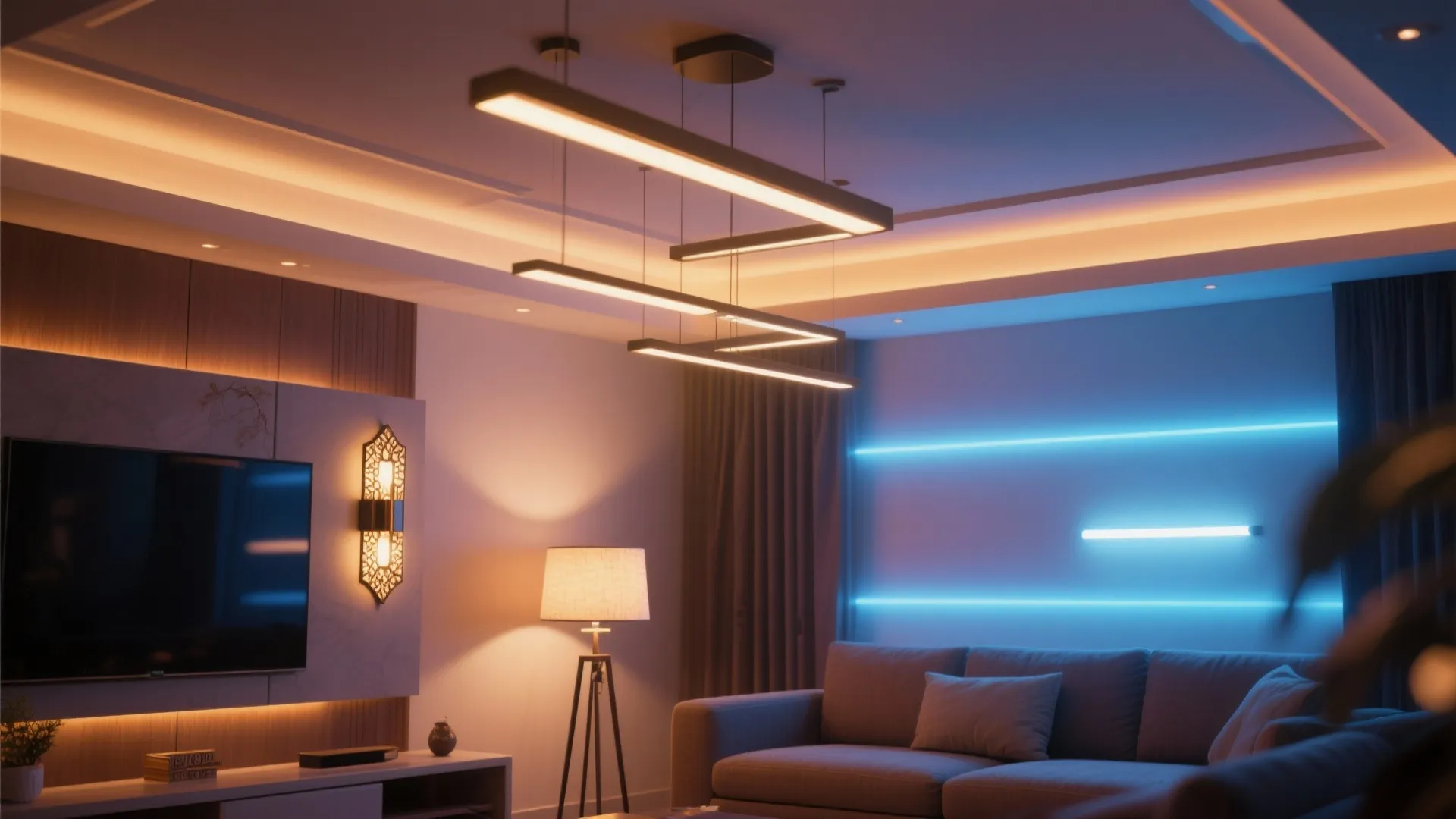 Detail of layered lighting fixtures in an Indian living room