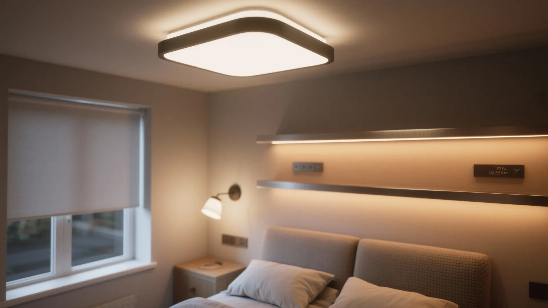 Detail view of layered lighting in a small UK bedroom