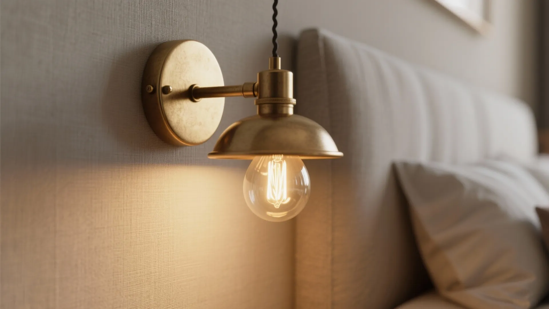 Brass wall light mounted on a textured wall next to a soft grey bedroom headboard