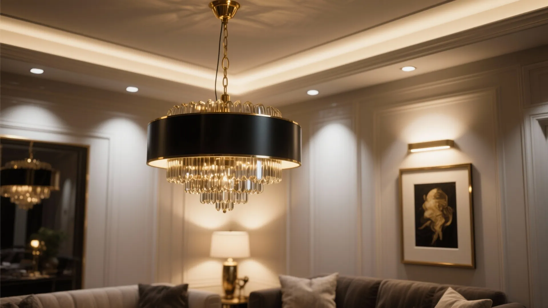Close up of black and gold ceiling light with warm light fixture and wall panel background