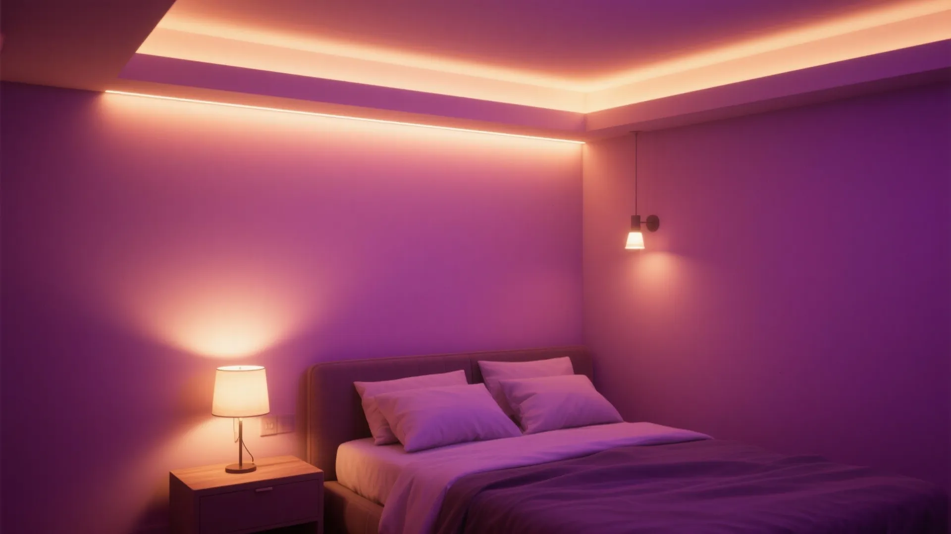 Purple bedroom with hidden ceiling lights warm table lamp and a small black wall light
