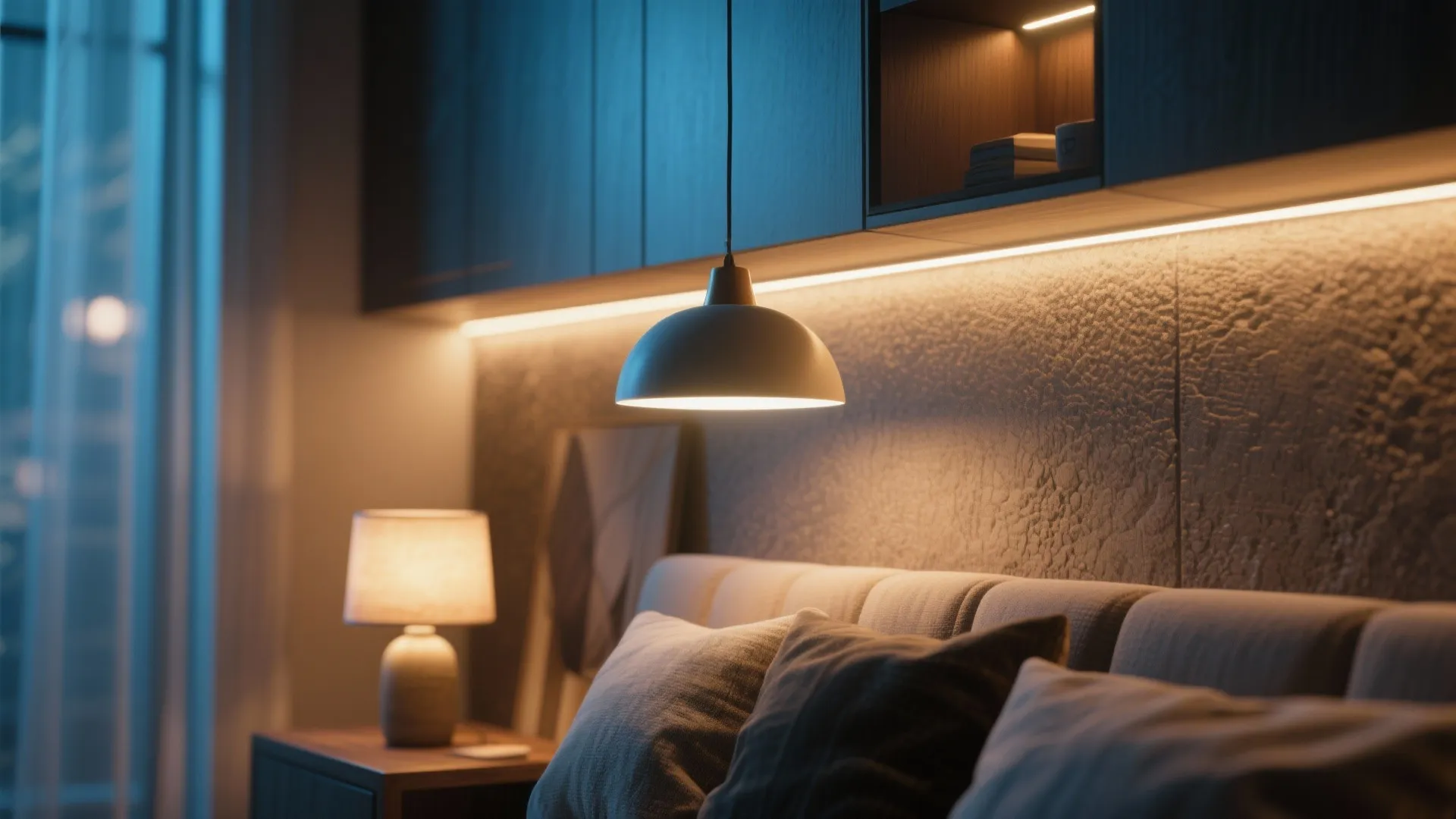 Close-up of layered lighting including pendant, LED strip, and accent lamp in a cozy suite corner